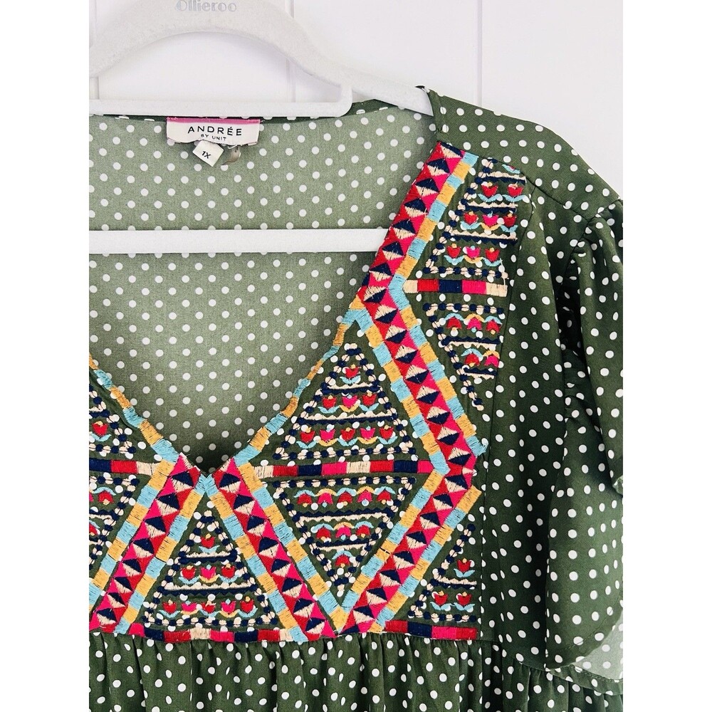 Andree By Unit Green Polka Dot Aztec Southwest Boho Flutter Sleeve Dress Plus 1X - Picture 2 of 8